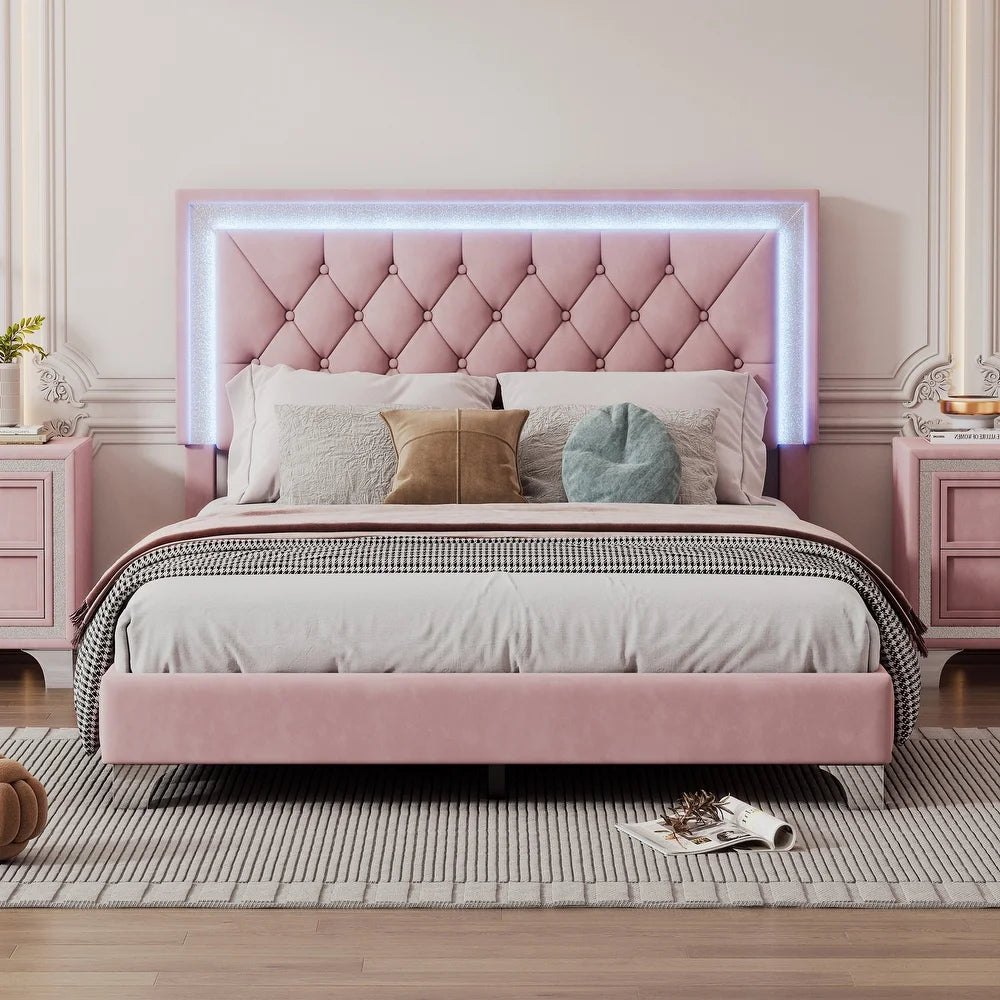 Full Size Upholstered Bed Frame with Luxo Nation  Modern Velvet Platform Bed with Tufted Headboard